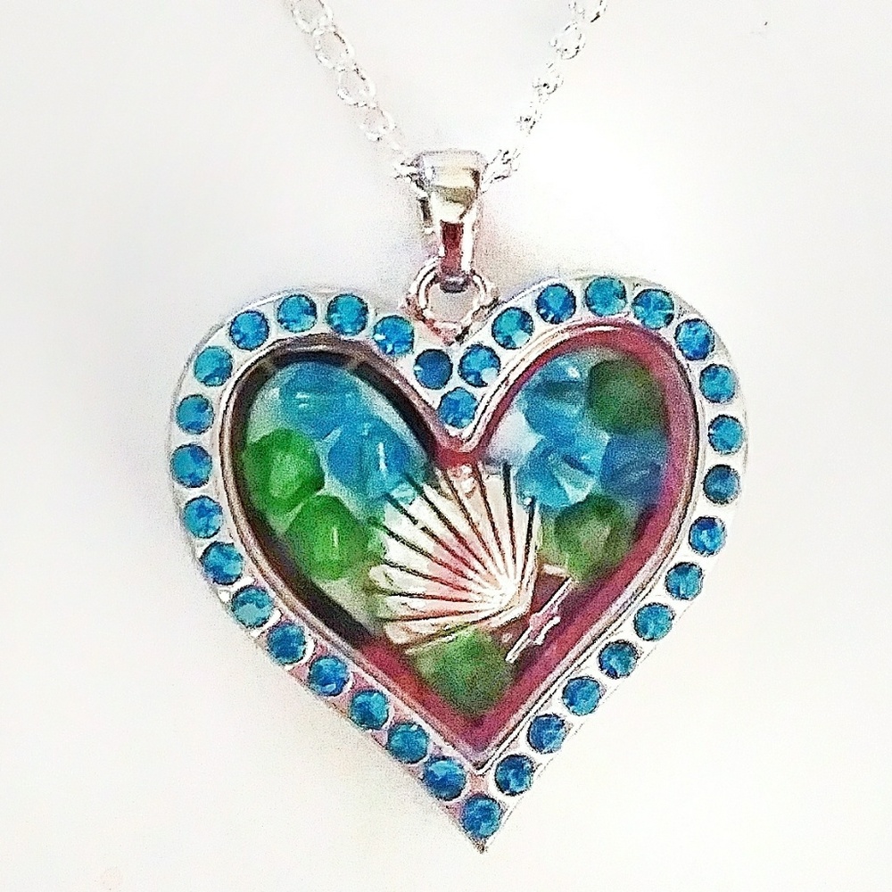 Blue Silver Seashell Floating Charm Heart Locket